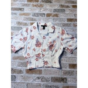 Forever 21 Womens Floral Crop Top Short Sleeve Button Front Smocked Blouse Small